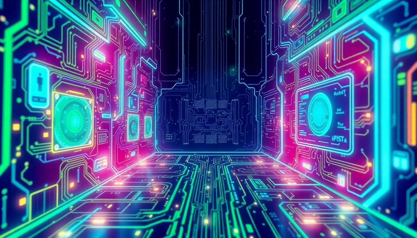 Illustration showcasing technology elements like circuit boards and digital interfaces in a futuristic setting.