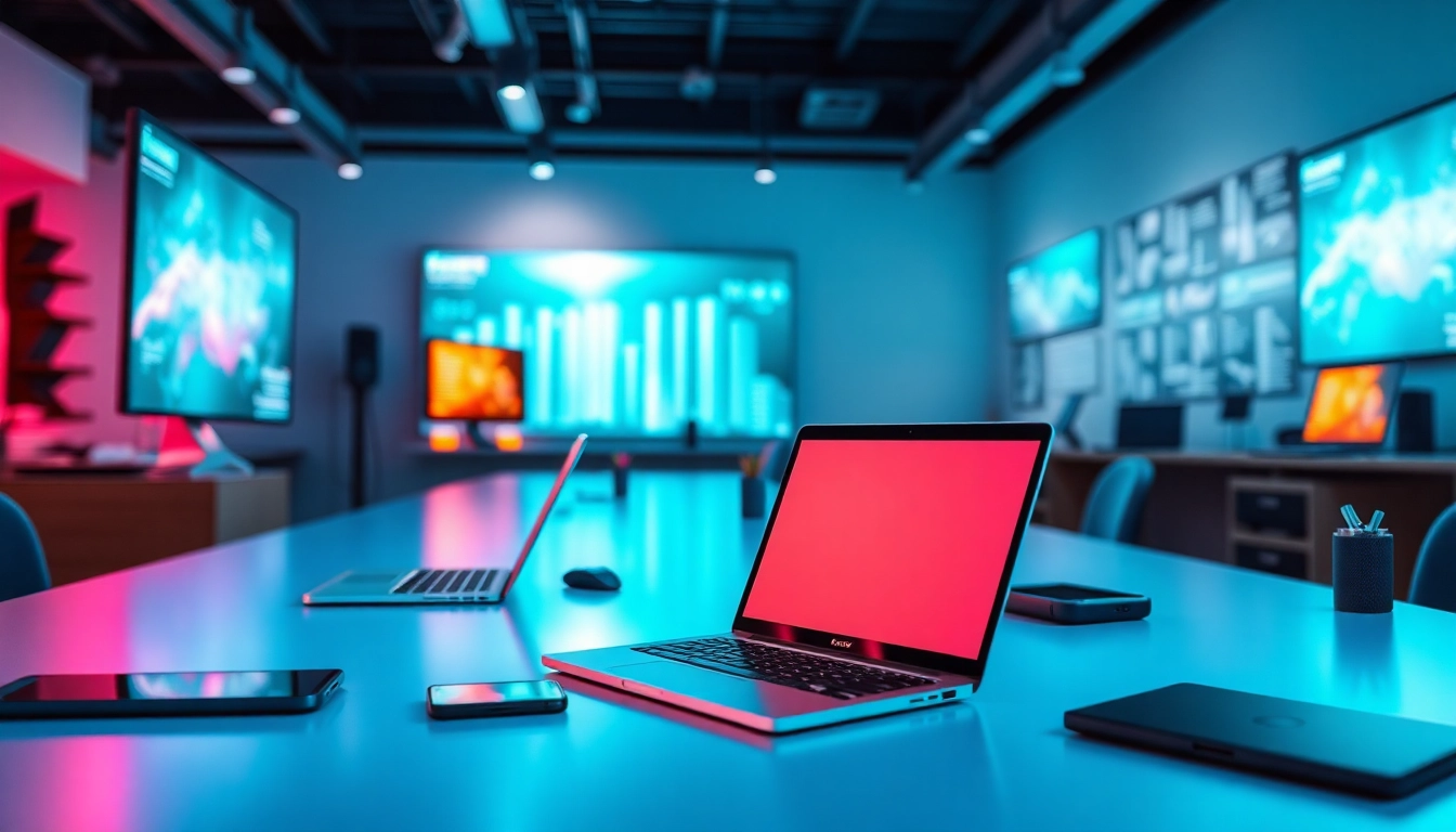 Professionals engaged with innovative technology in a modern workspace filled with gadgets and displays.