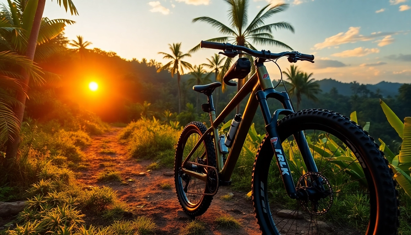 Trek mountain bike navigating scenic jungle trail, symbolizing adventure and outdoor exploration in Indonesia.