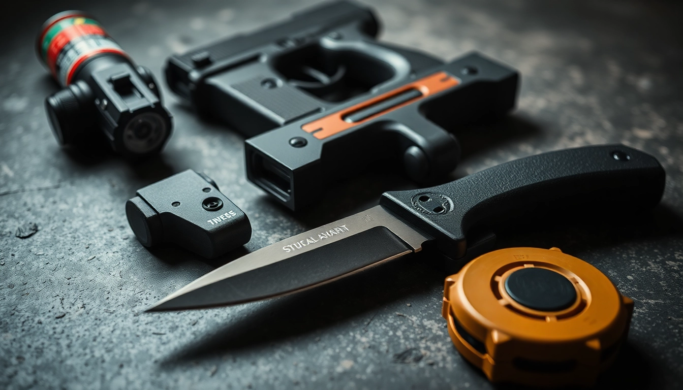 Self-Defense Weapons including pepper spray, stun guns, and tactical knives showcasing personal safety tools.