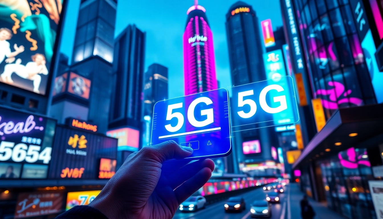 香港夜景中的科技感城市，手持手機顯示5G連接圖示，背景為繁忙的街道與璀璨霓虹燈，展現未來數碼生活