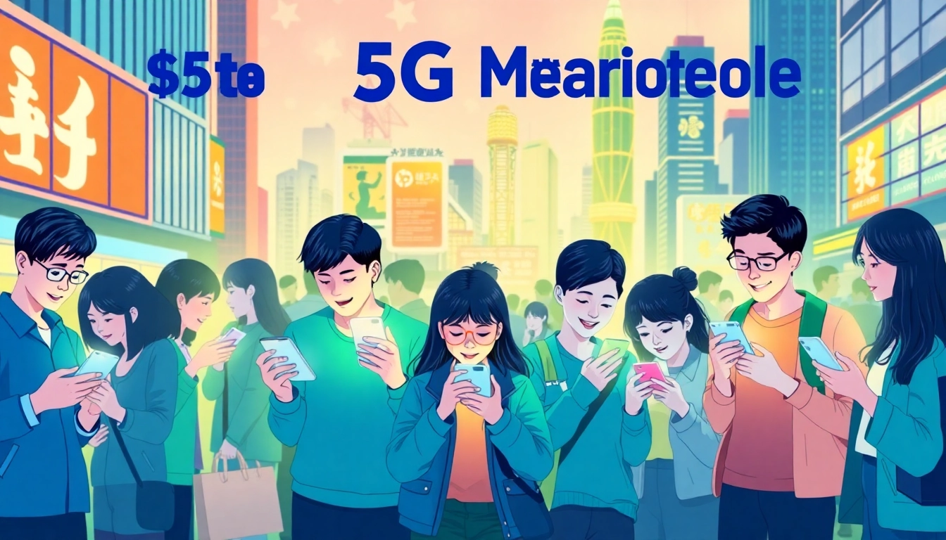 香港五G手機計劃的多樣化插圖，展示人們在都市環境中使用手機，顯示五G科技的興奮。