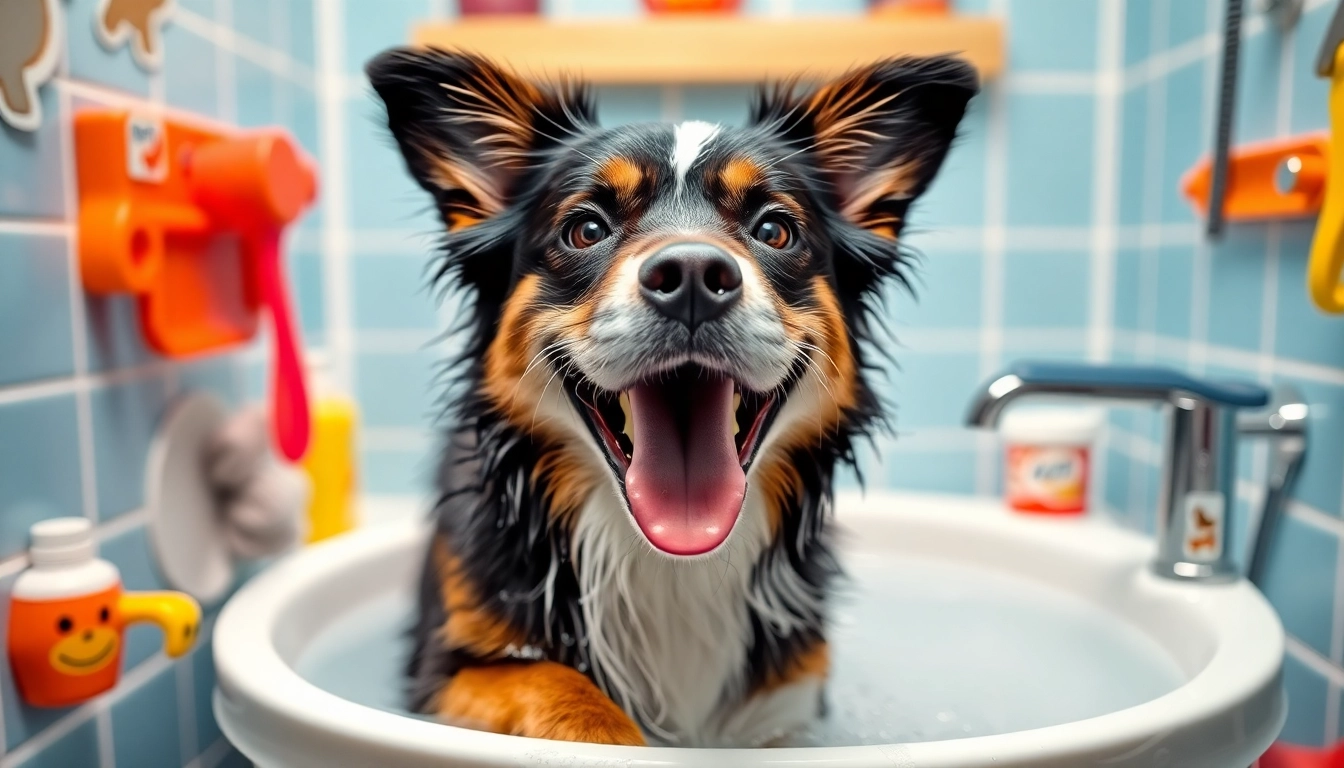 Wash your dog near me in a fun self-service dog wash with bright colors and cheerful pets.