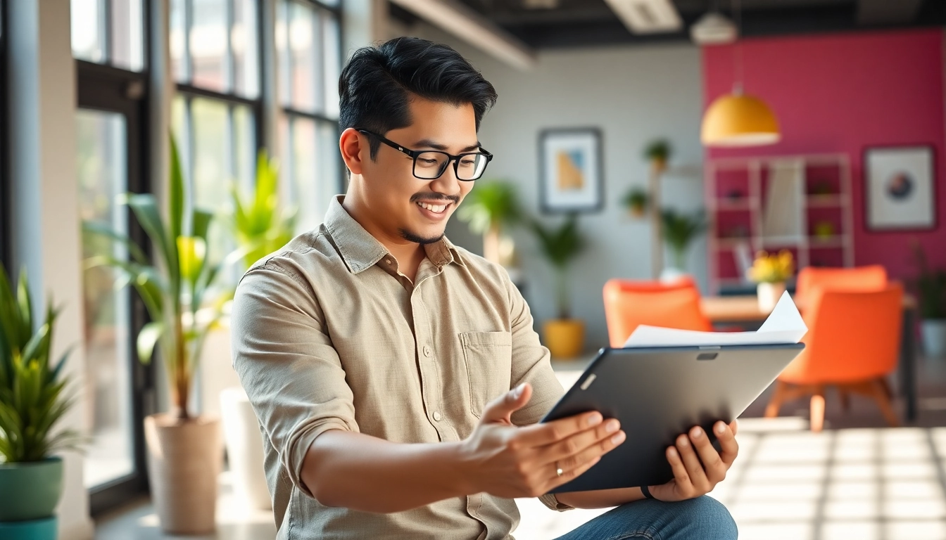 Filipino business owner accessing business capital solutions on digital device in a professional setting.