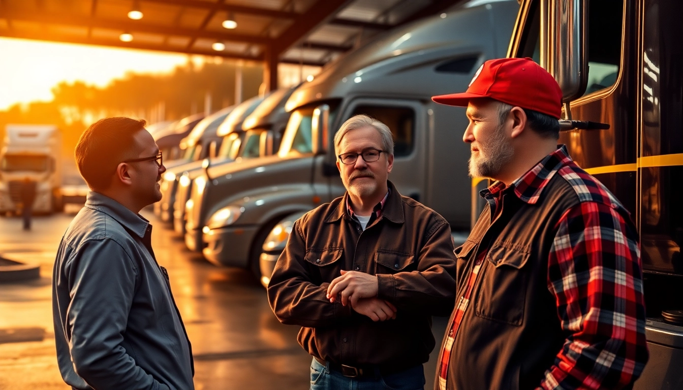 Truckers sharing reviews and experiences at a busy truck stop, highlighting their voice on the road and community.