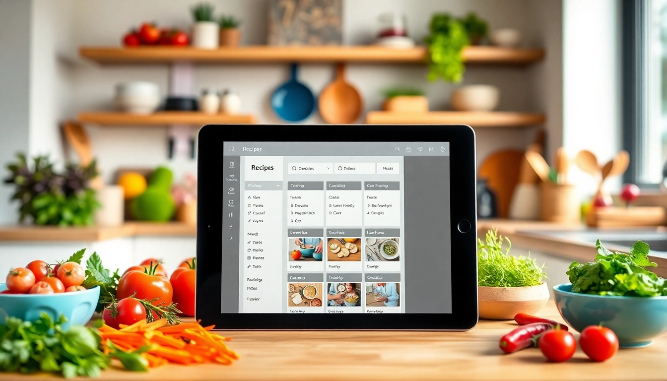 An organized recipe manager app displayed on a tablet in a colorful modern kitchen setting.