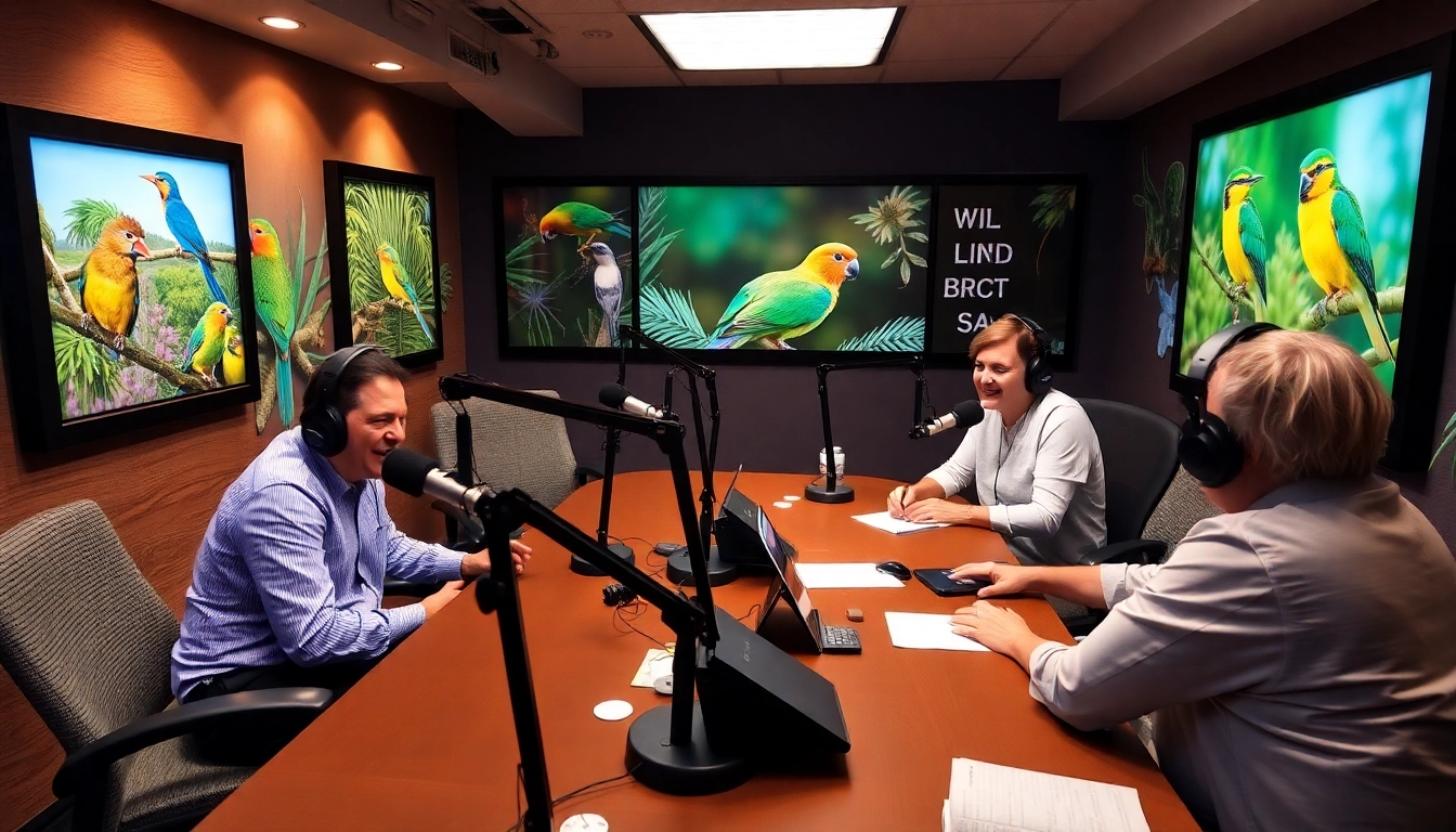 Bird Talk Radio hosts engaging on-air with colorful bird-themed background, inviting nature enthusiasts to tune in.
