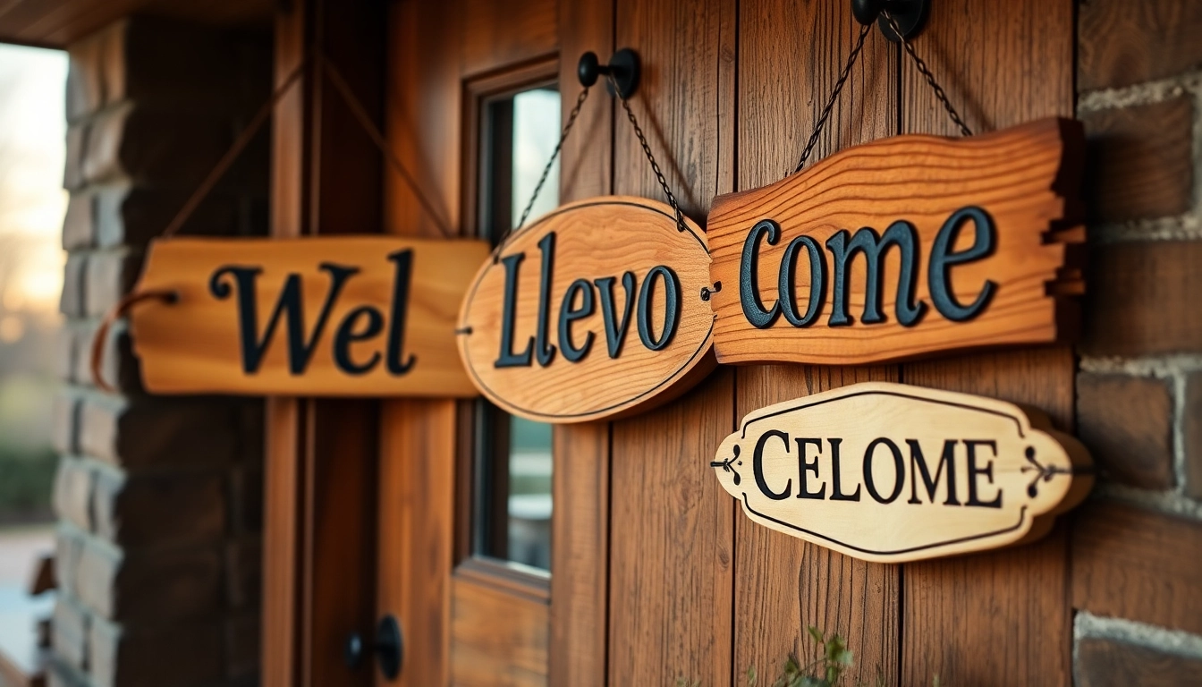 Vivid welcome signs hanging on a farmhouse porch, adding charm and warmth to an inviting outdoor space.