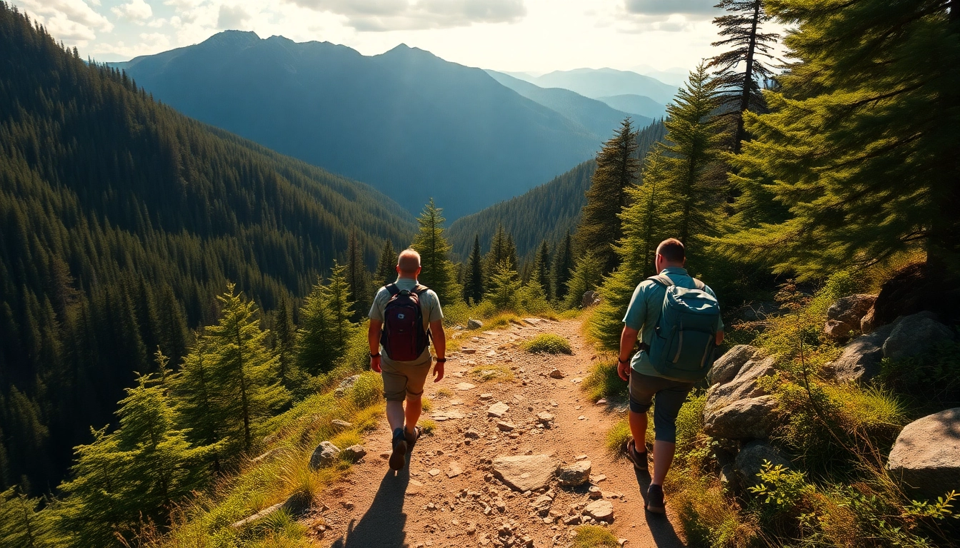 A guided hike through scenic mountain landscape featuring a trail with an expert guide leading hikers amidst lush greenery and dramatic scenery, emphasizing adventure and safety.