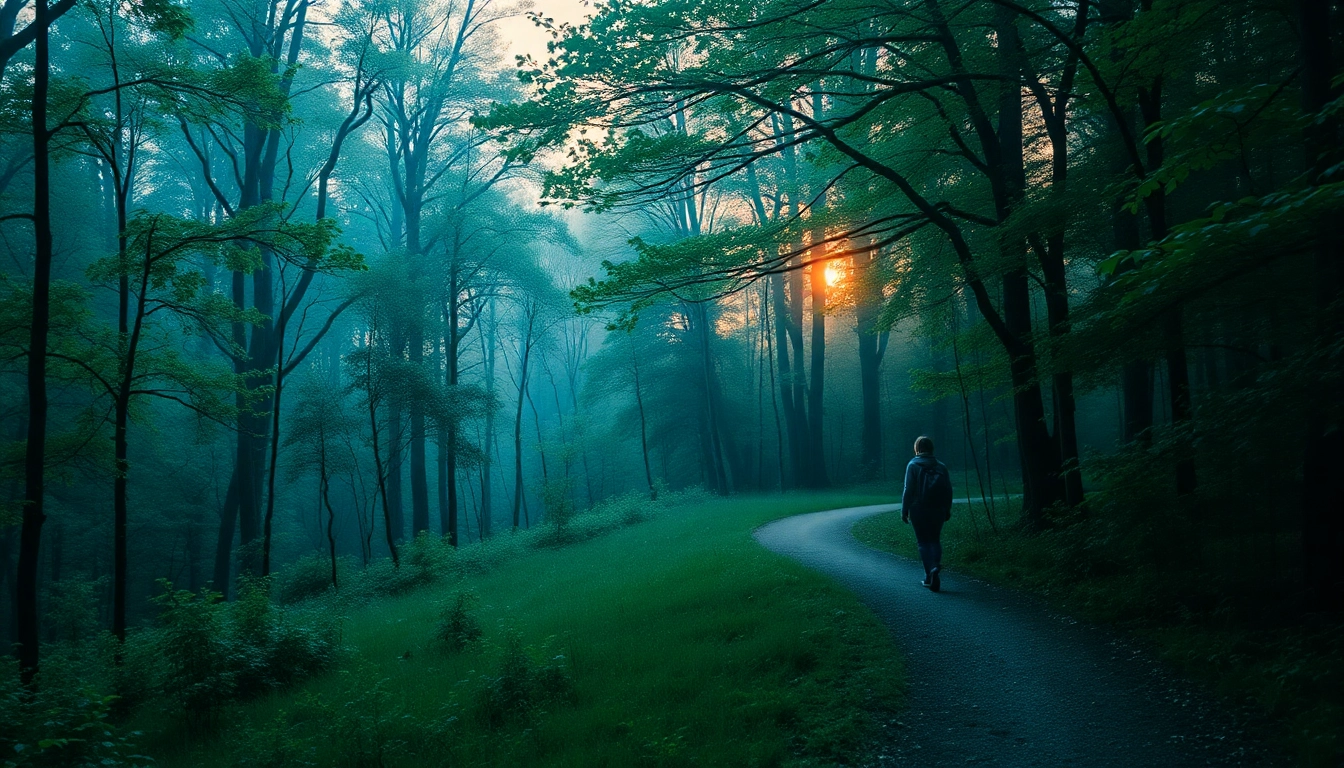 Persona affrontare un cambiamento con calma e determinazione lungo un sentiero boschivo, simbolo di crescita personale e rinascita.