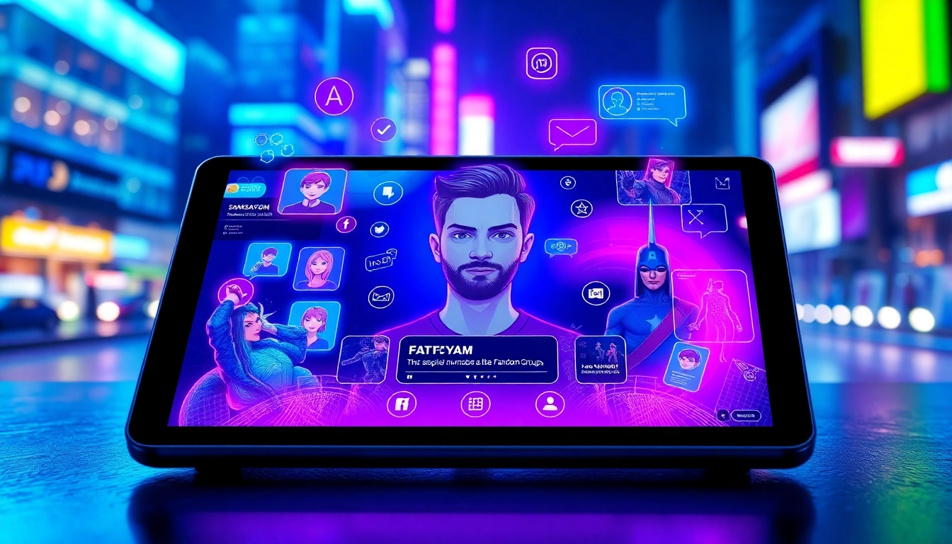 A digital scene showing a futuristic social media app interface with avatars and holographic characters in a vibrant cityscape background.