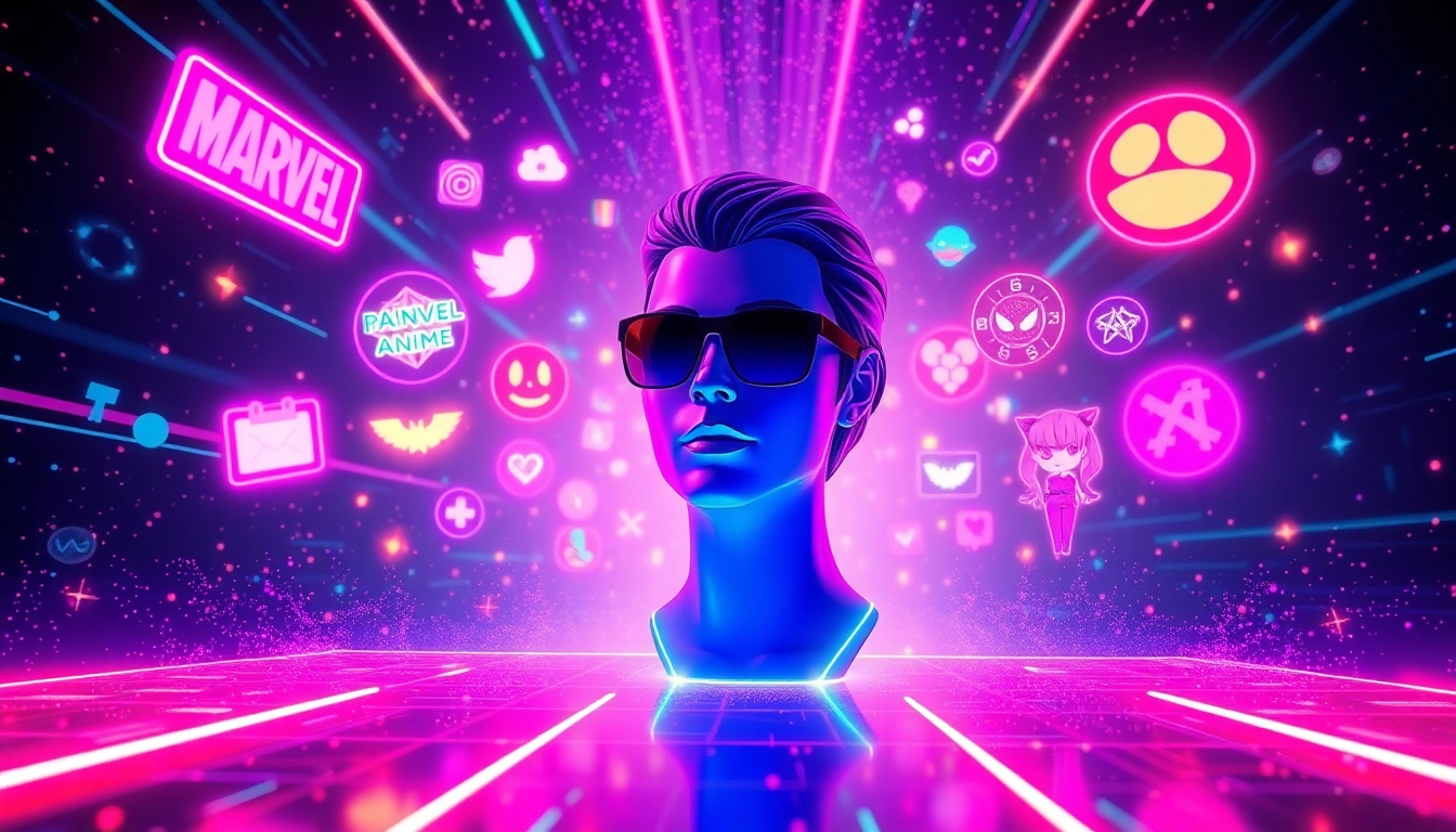 Futuristic digital scene with avatars and fandom icons in a vibrant, neon-lit virtual universe.