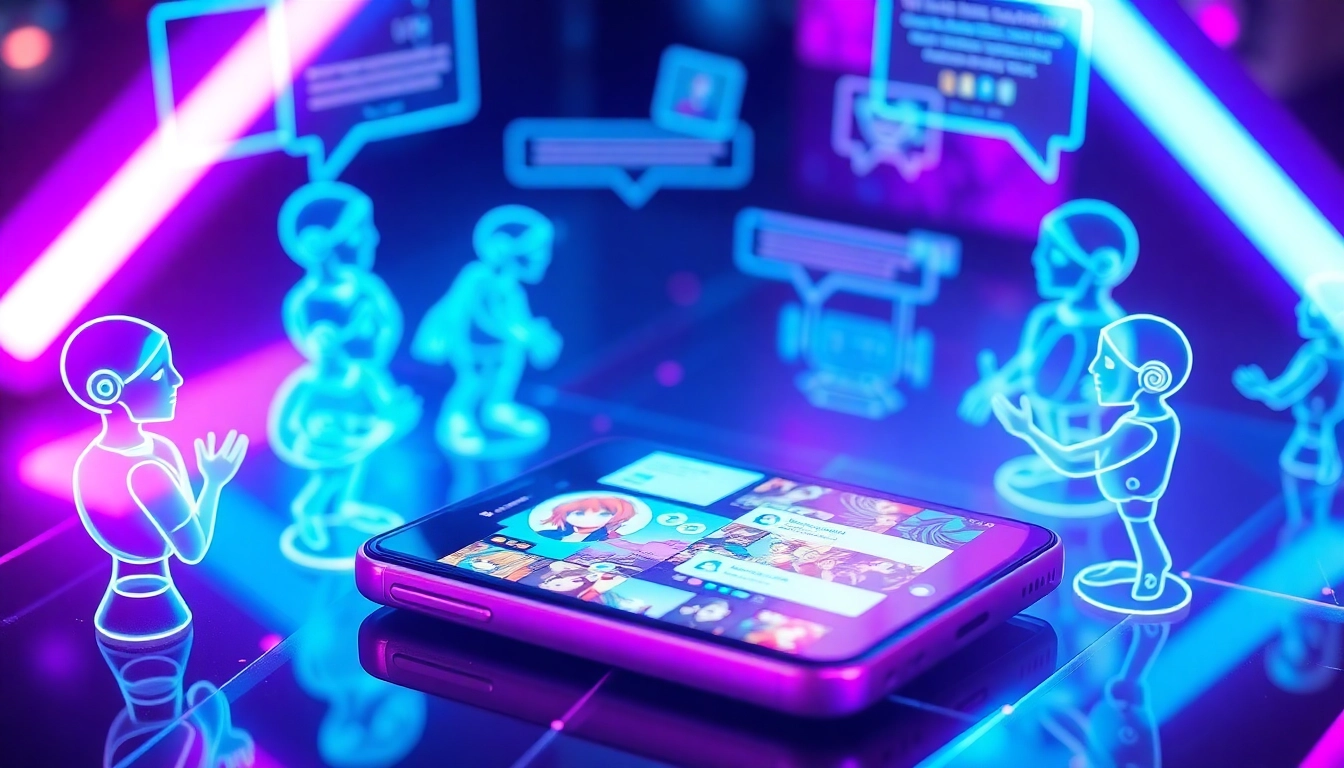 Futuristic social media interface with AI characters and holographic interactions