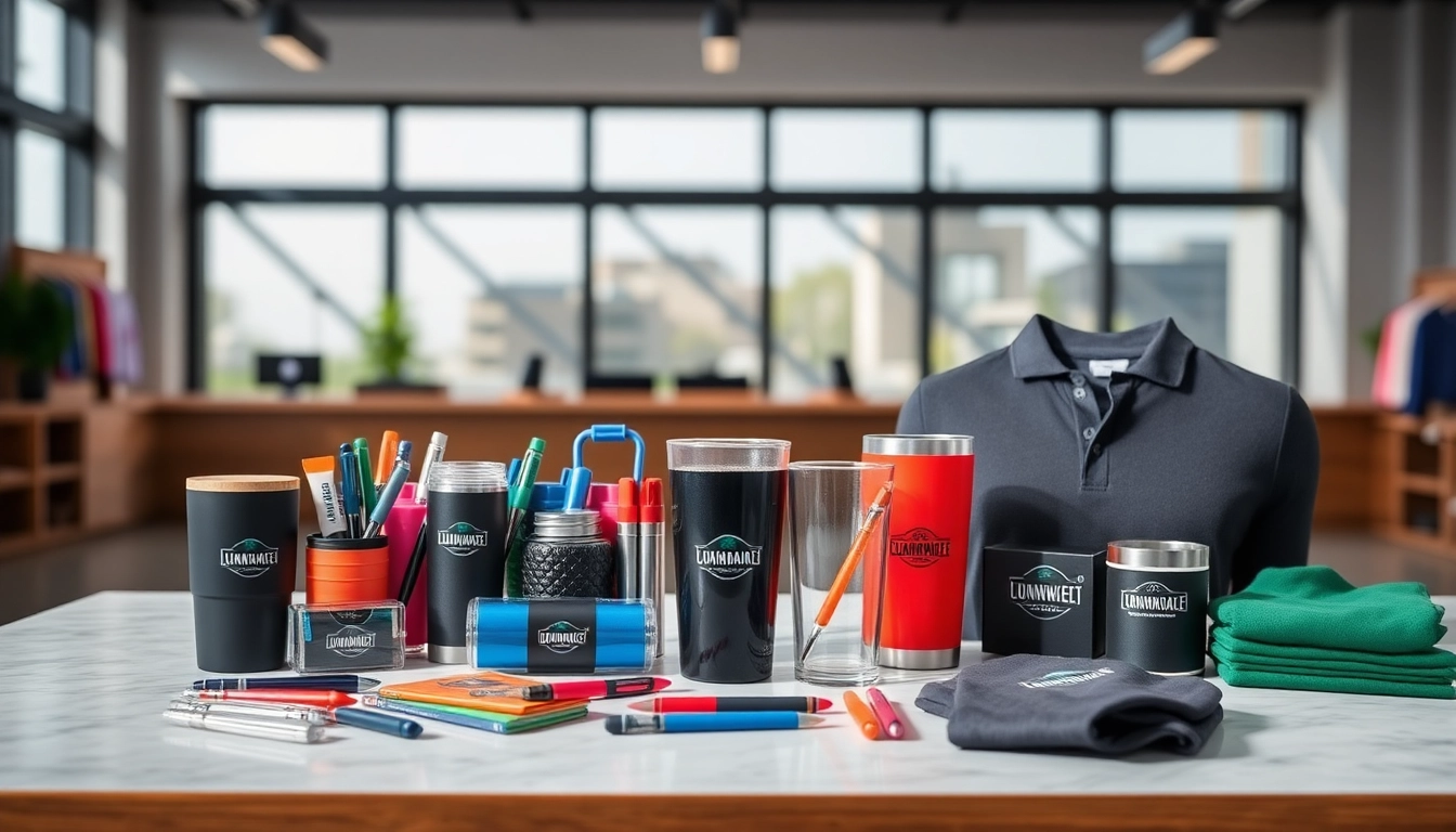 High-quality promotional products in Louisville including branded pens, mugs, and apparel arranged for branding success.