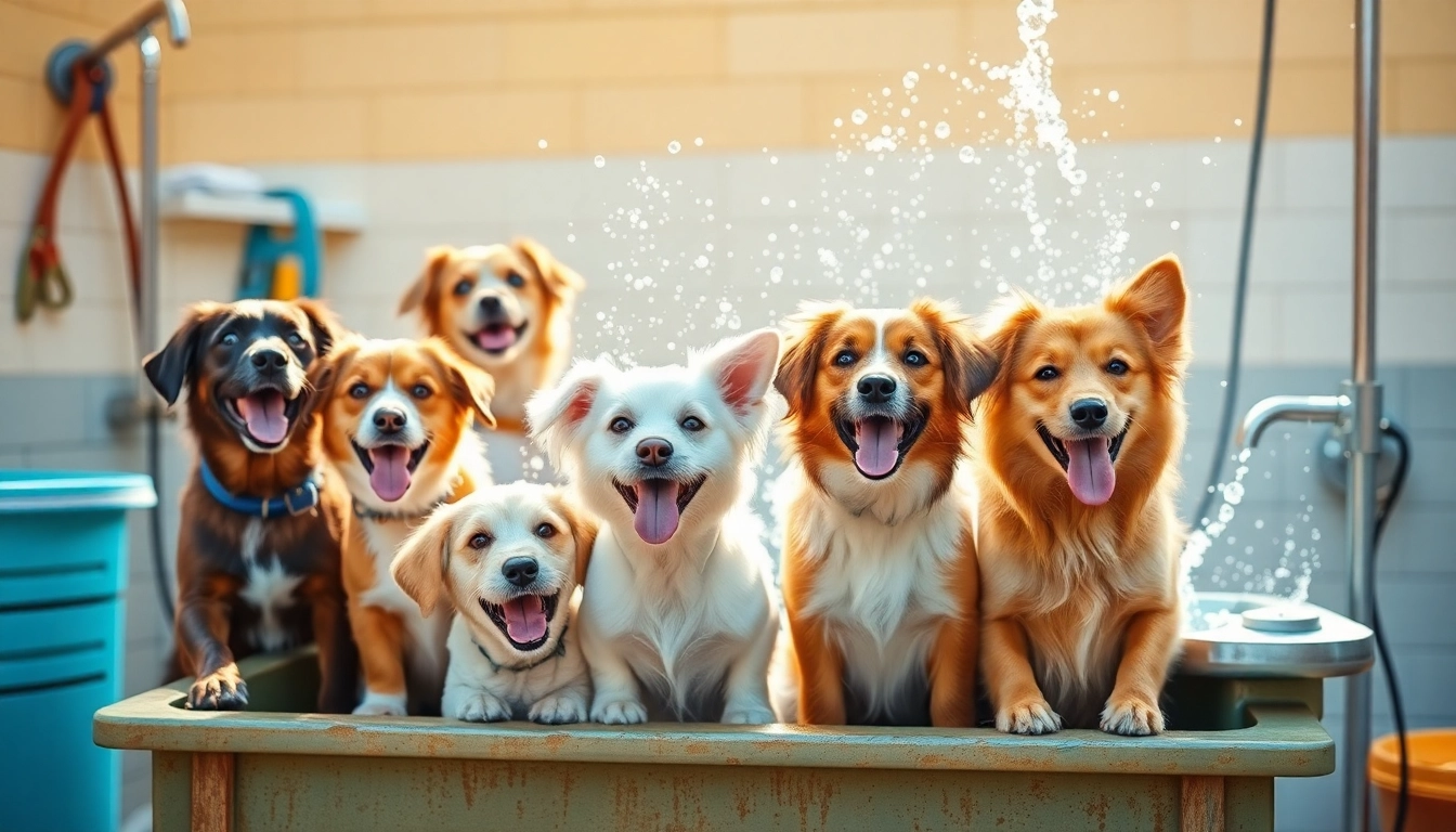 Enjoy a delightful dog wash near me, featuring happy dogs being bathed in a bright outdoor station.