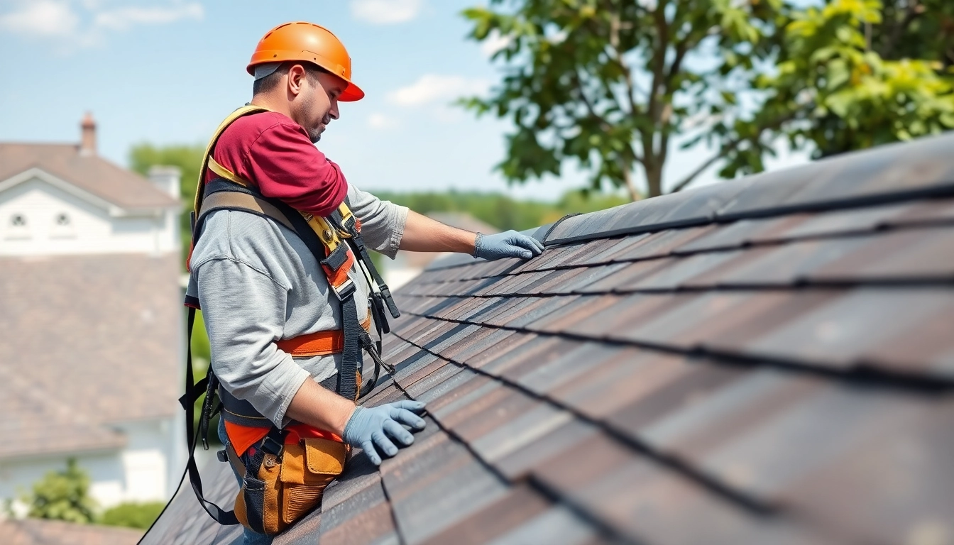 Experienced roofer expertly installing shingles to ensure a durable roof for homeowners, highlighting craftsmanship and safety.