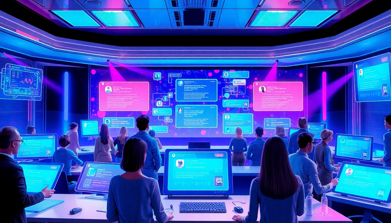 Futuristic control room with holographic AI chat interfaces and engaged users interacting with digital technology.