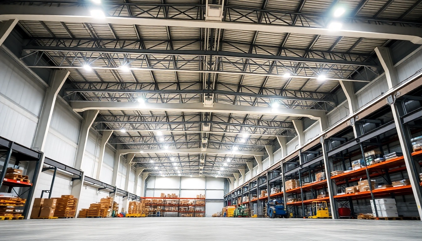 Große Industriehalle mit moderner LED-Beleuchtung und hohen Decken, gut beleuchtet und effizient.