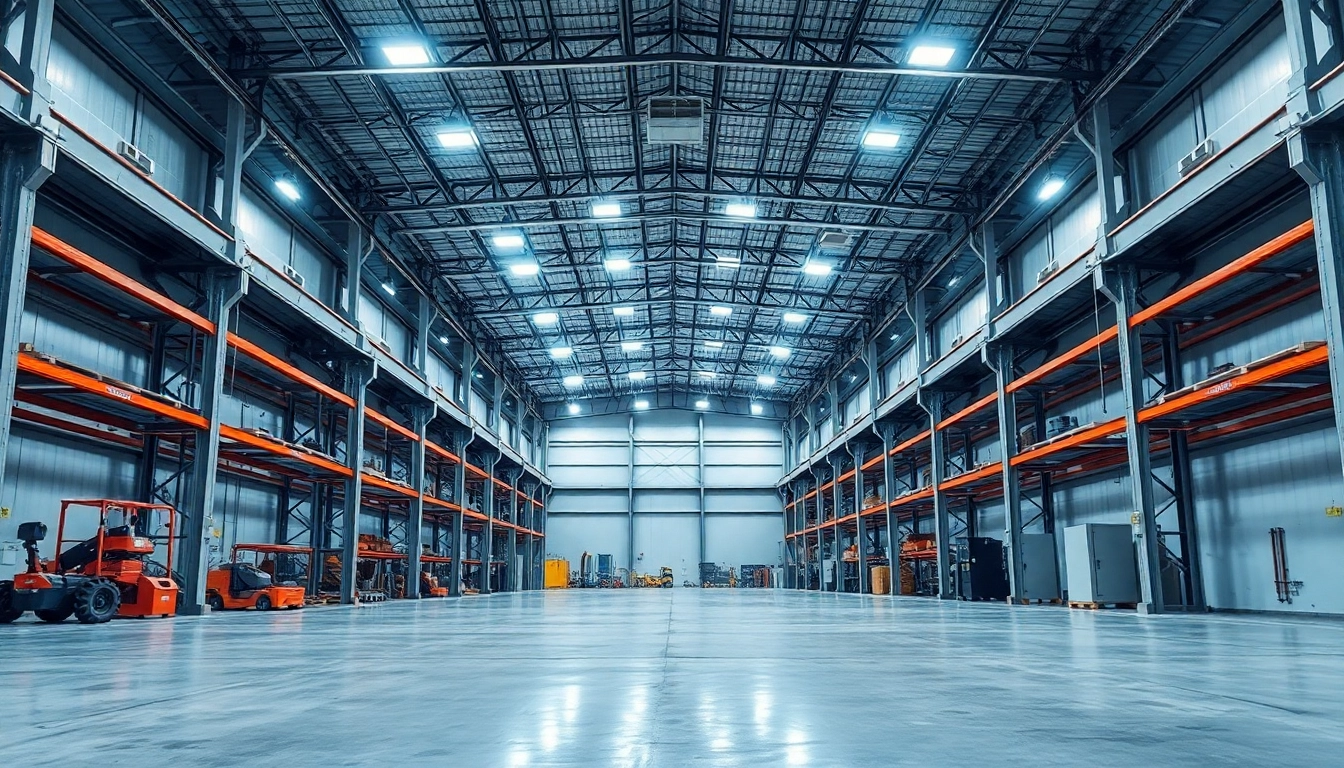 Moderne Industriehalle mit LED-Beleuchtung und hohem Decken