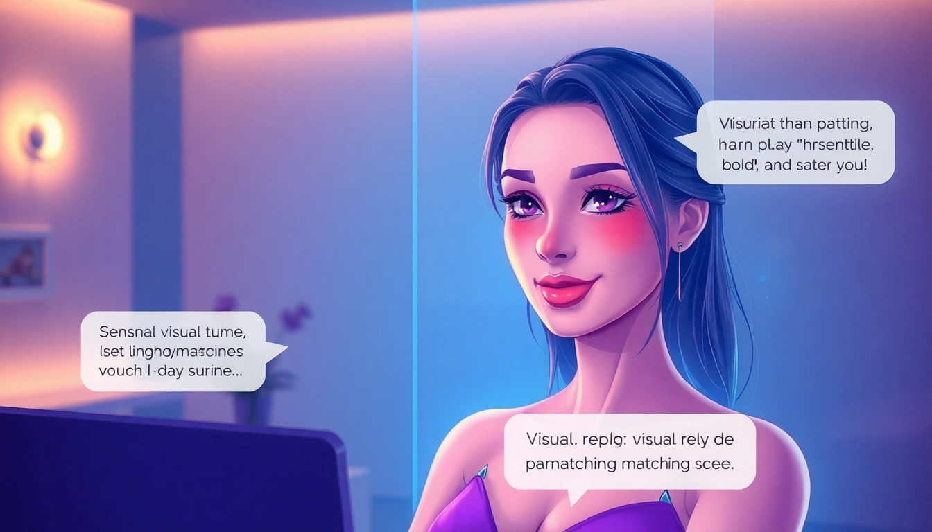 Futuristic digital scene of an AI girlfriend with visual dialogue bubbles and immersive lighting