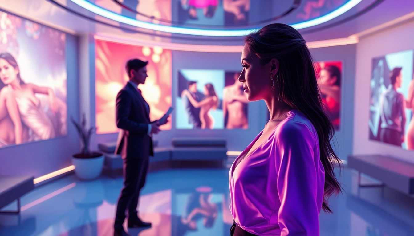 Futuristic AI chat interaction scene with holographic visuals and a user engaging with an animated AI character in a high-tech environment.