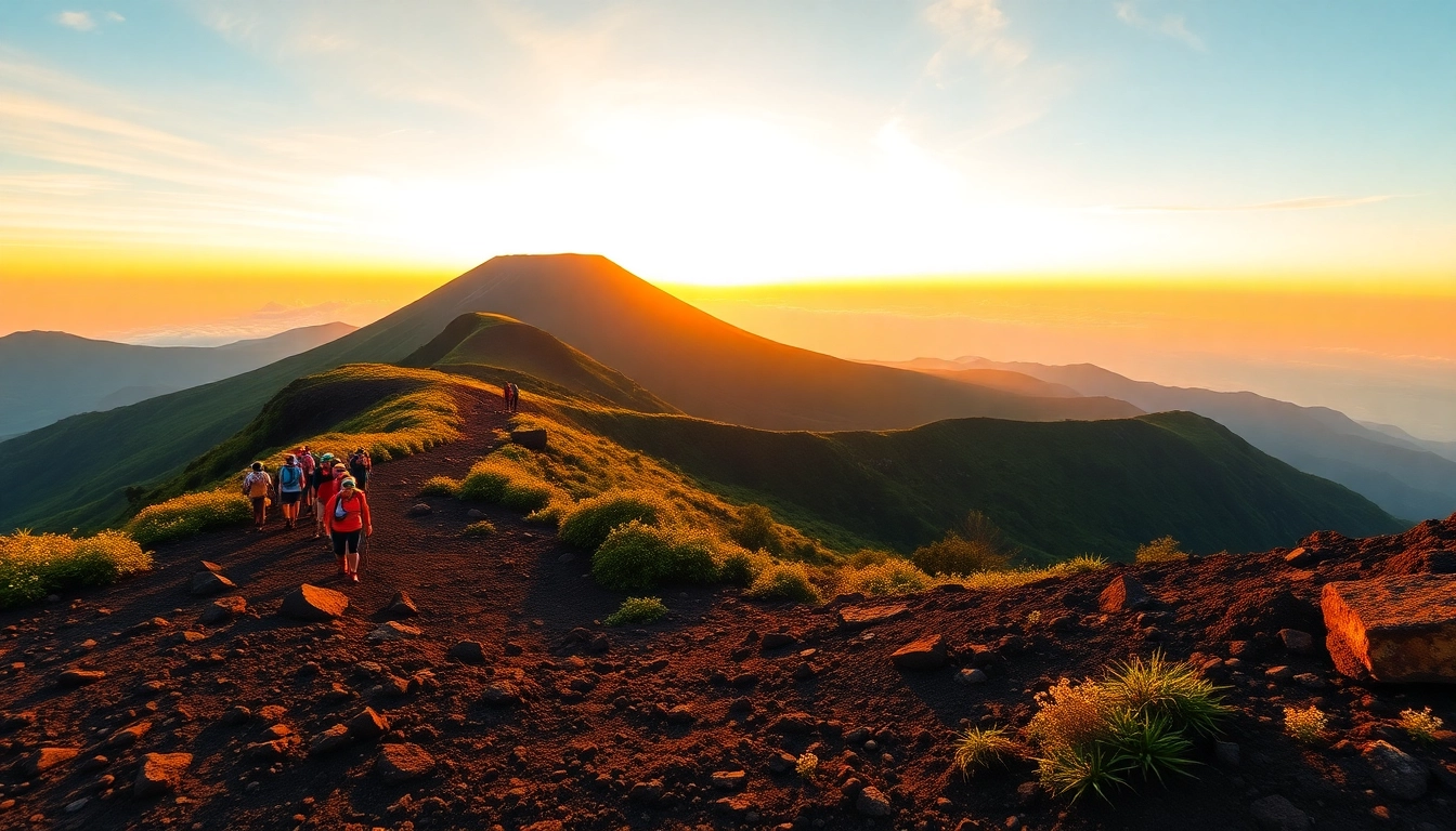An inspiring sunrise over Mount Rinjani with hikers trekking along a trail surrounded by lush greenery and volcanic terrain.