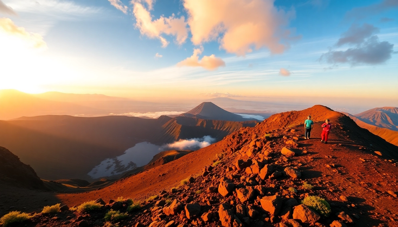 An expansive view of Mount Rinjani at sunrise with hikers overlooking the crater, showcasing vibrant colors and rugged terrain.