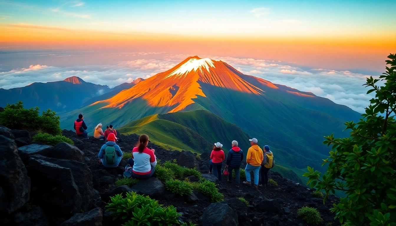 Trekkers overlooking Mount Rinjani's crater rim at sunrise with lush slopes and vibrant sky