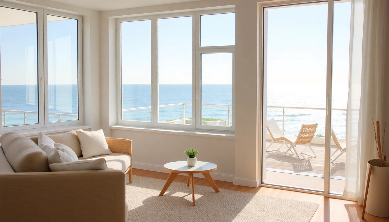 Ferienwohnung in sunny seaside setting with balcony overlooking the ocean, ideal for relaxation and holidays.