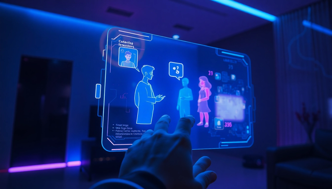 Futuristic holographic AI chat interface with vibrant avatars in a dimly lit room