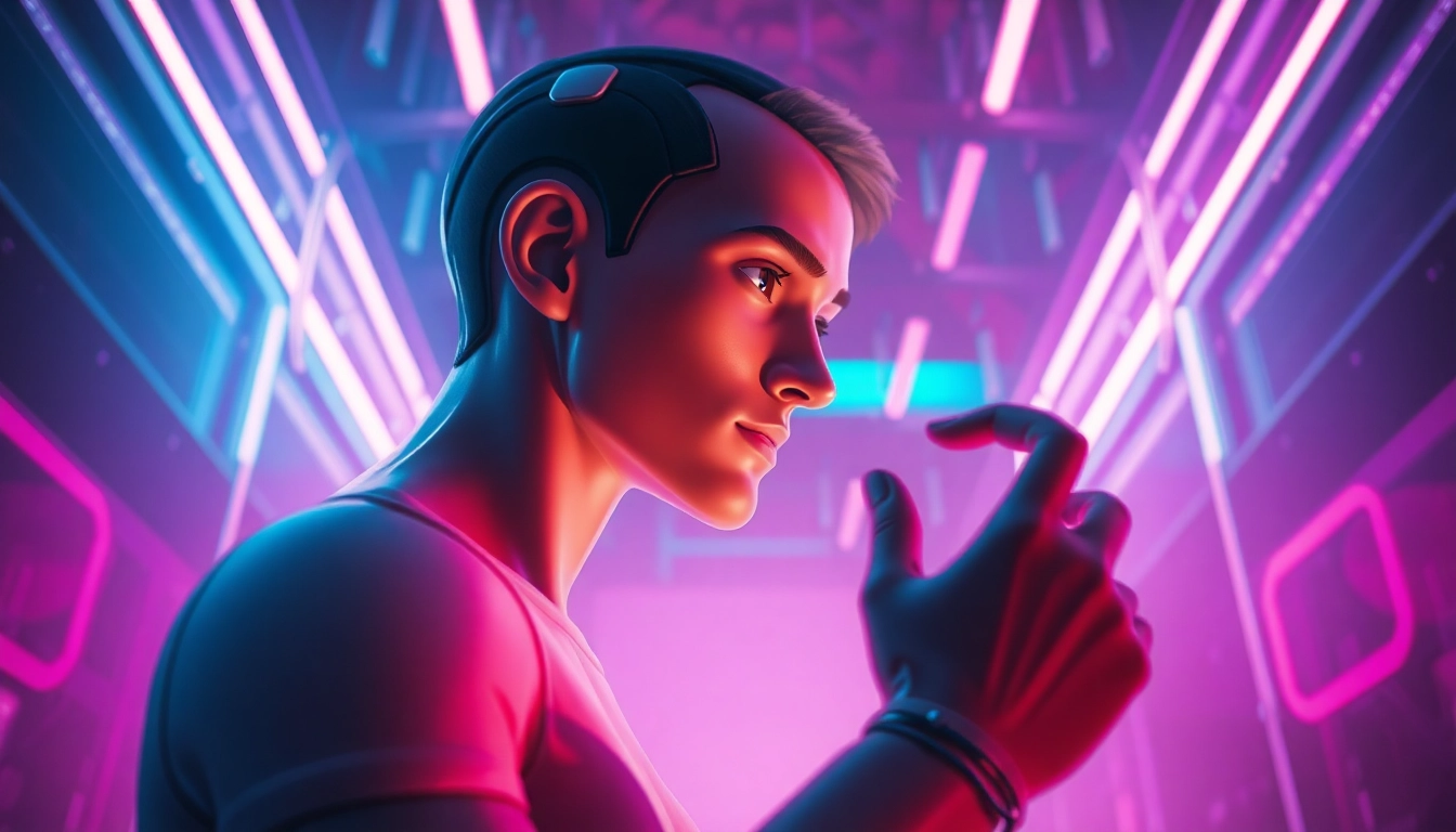 Futuristic AI character in a neon-lit immersive environment