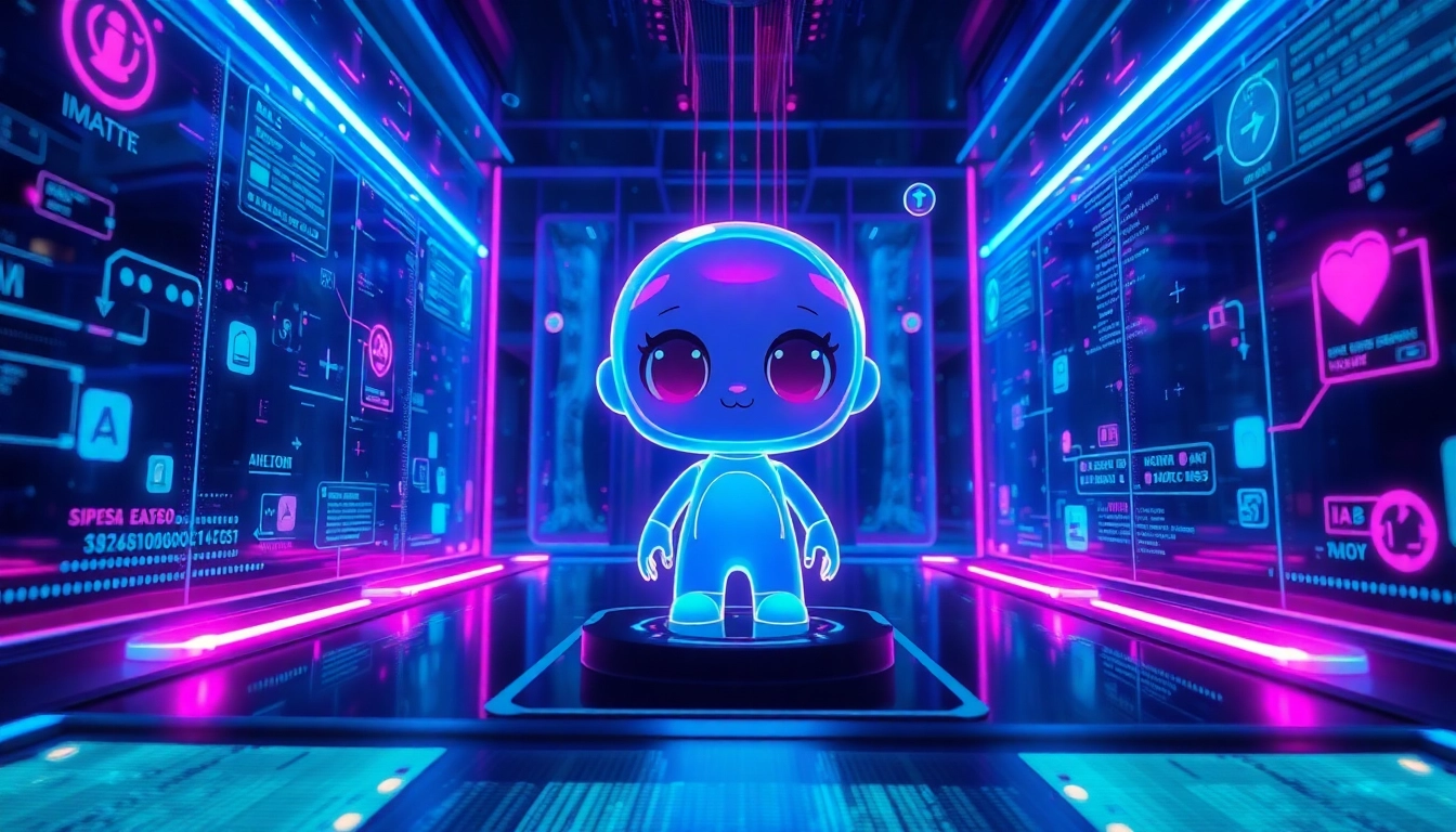 Futuristic digital scene with holographic AI character and glowing data streams
