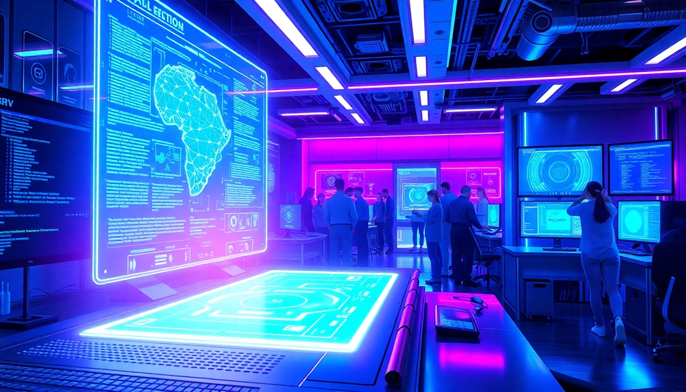 Futuristic AI development lab with holographic interfaces and diverse team of researchers working