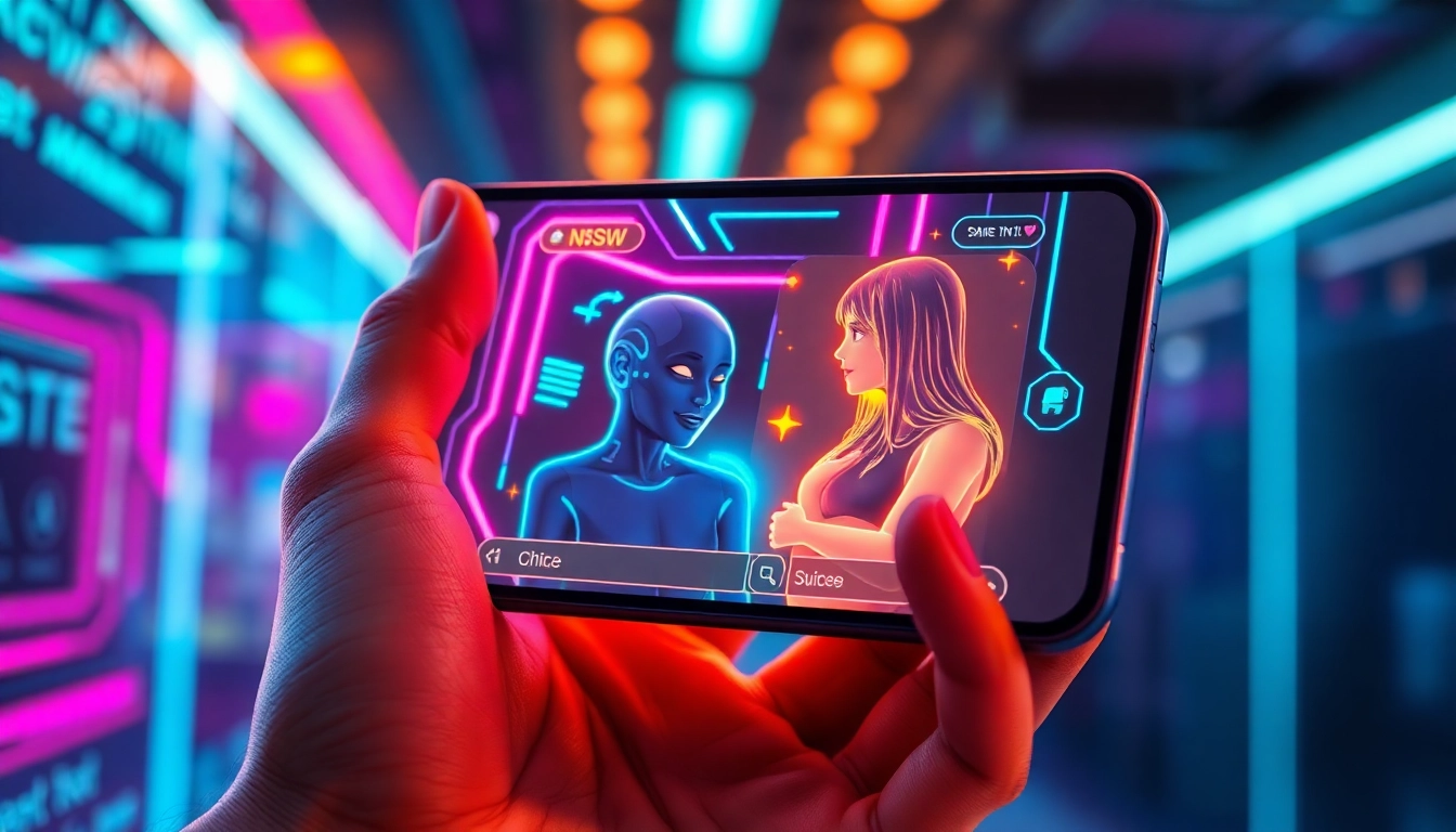 Futuristic smartphone displaying an AI sexting app interface with vibrant neon graphics and holographic elements.