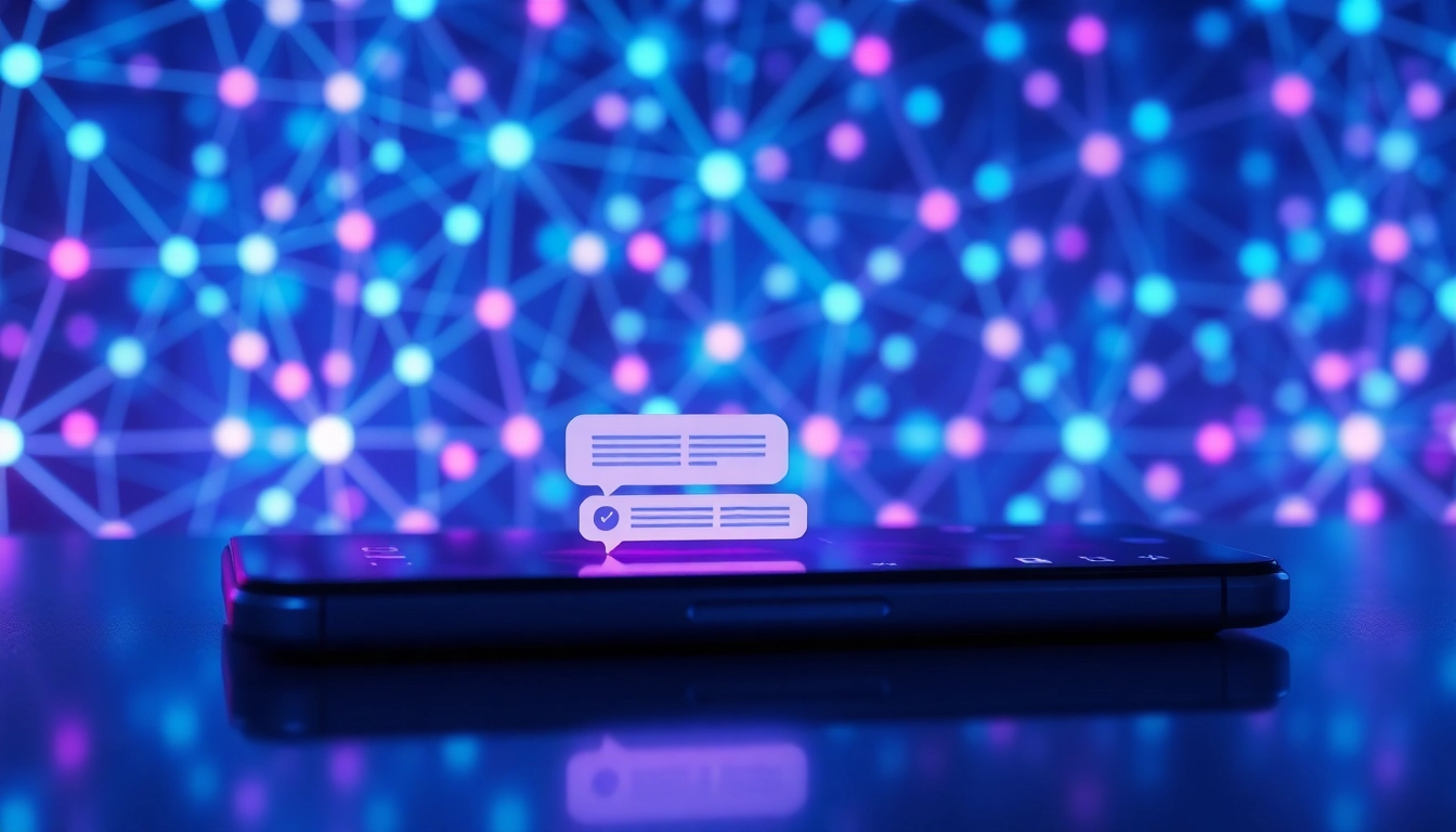 Futuristic digital chat interface with neon accents and advanced AI network background.