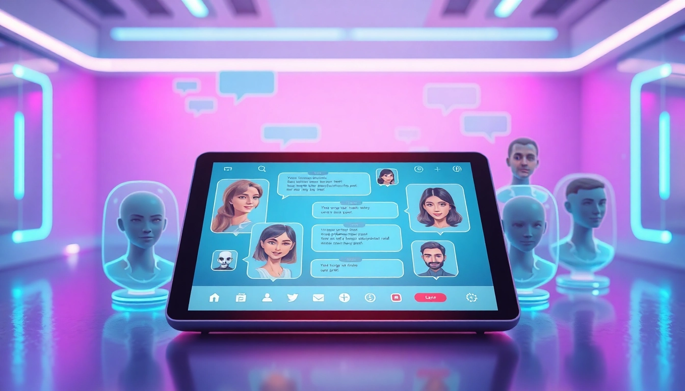 Futuristic digital chat interface with diverse AI characters on a tablet screen in a modern tech setting