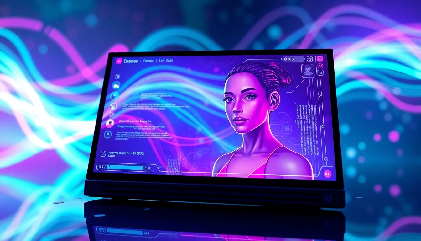 Futuristic AI chatbot interface with a charismatic digital avatar and vibrant data streams