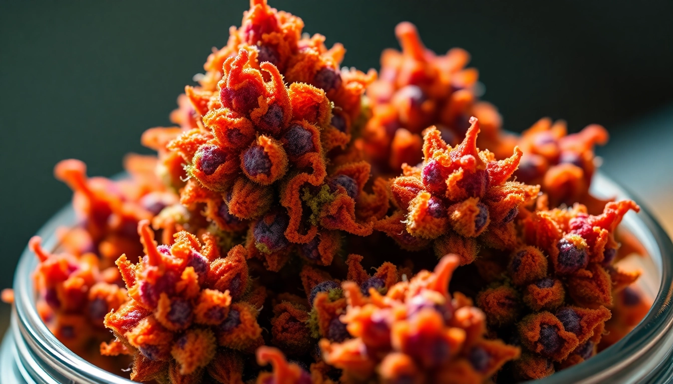 A detailed shot of the acai tangie strain with colorful buds, highlighting citrus and berry tones, perfect for cannabis enthusiasts and product listings.