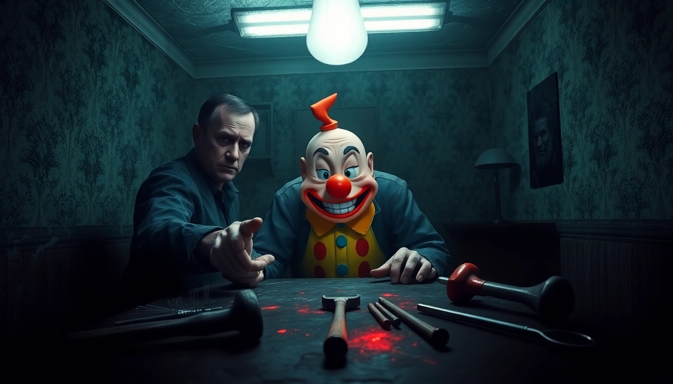 A dark, unsettling scene of a distressed man clicking on Harvey in a grim room with eerie tools and decayed surroundings.