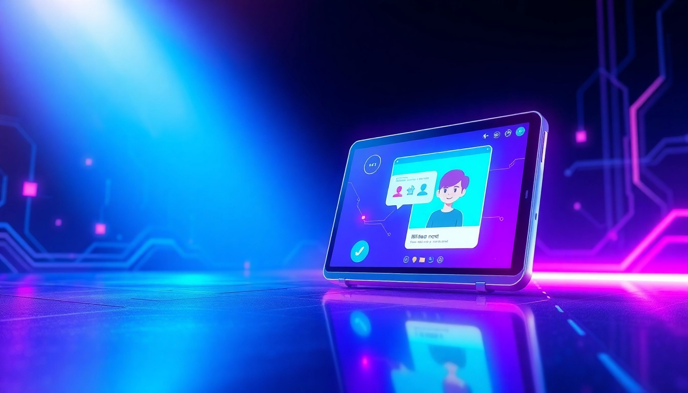 Futuristic chatbot interface with vibrant neon colors and an animated character avatar on a sleek screen.