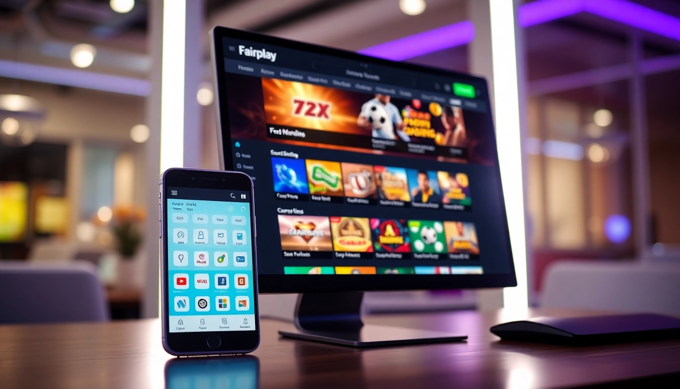 Fairplay logo on a mobile and desktop platform showcasing sports betting and casino games, highlighting ease of use and reliability.