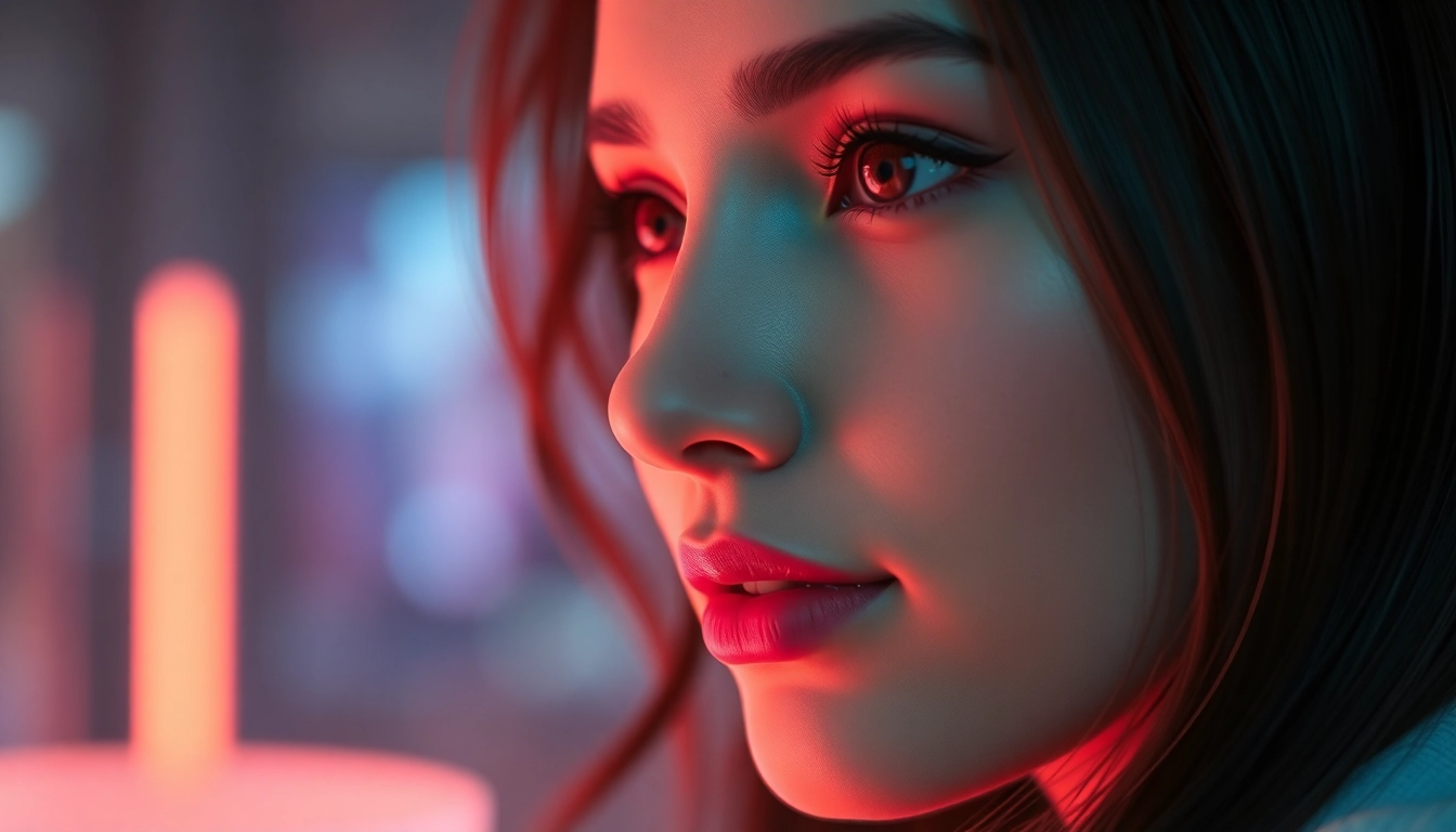 AI girlfriend engaging in unfiltered NSFW chat, showcasing realistic virtual companionship with detailed facial expressions and ambient background.