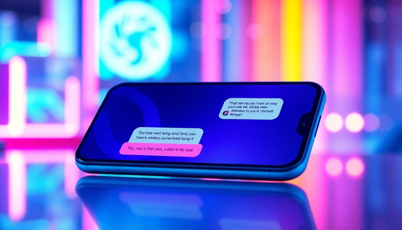 Futuristic smartphone displaying an engaging, colorful AI chat interface with a flirtatious conversation.