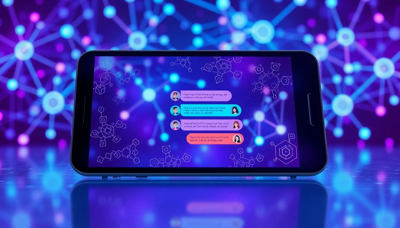 Futuristic digital chatbot interface with vibrant data streams and conversation window