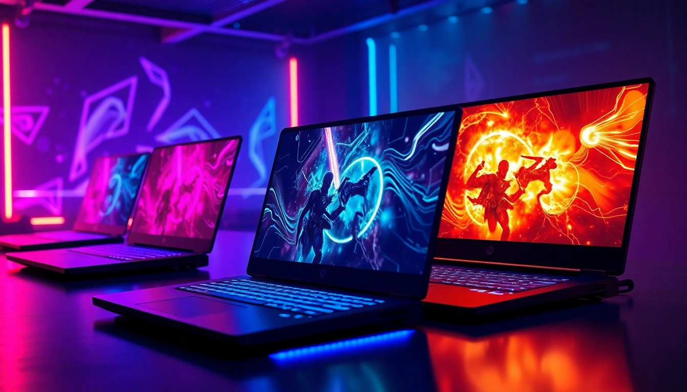 High-performance gaming laptops showcasing vibrant RGB lighting, sleek design, and immersive screens for gamers.