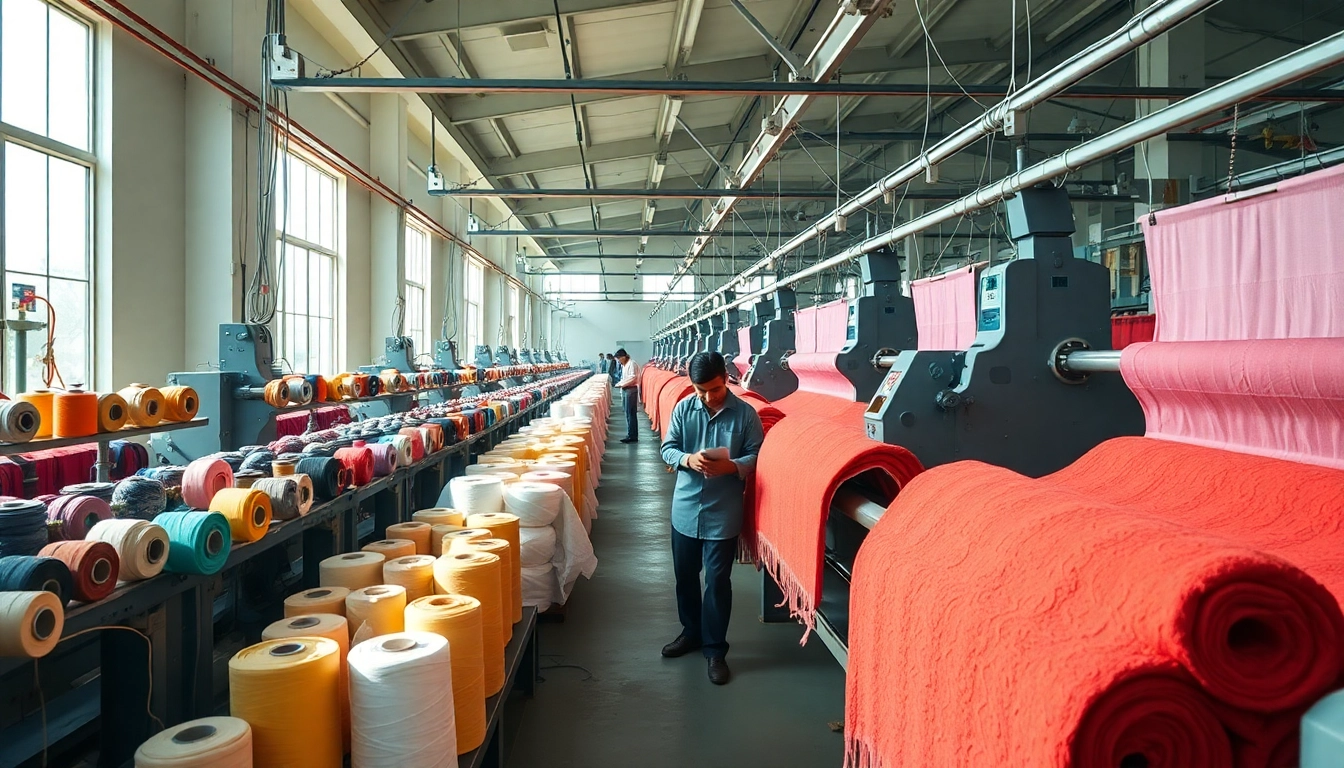 A busy towel factory in Pakistan producing high-quality, customized towels with advanced equipment and skilled artisans ensuring durability and design excellence.