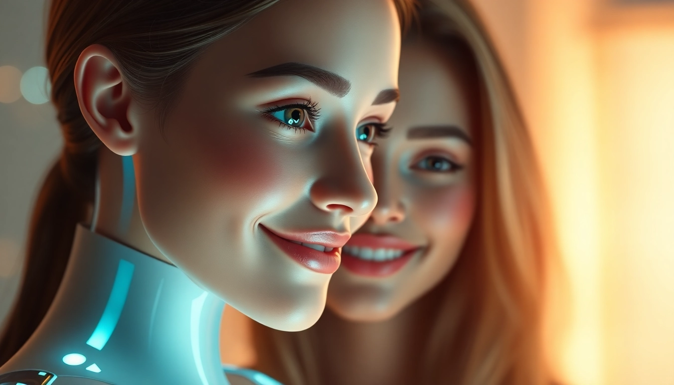 Virtual Ai girlfriend engaging in a warm, friendly chat on a sleek digital interface, emphasizing digital companionship and emotional connection, accessible and meaningful for screen readers.