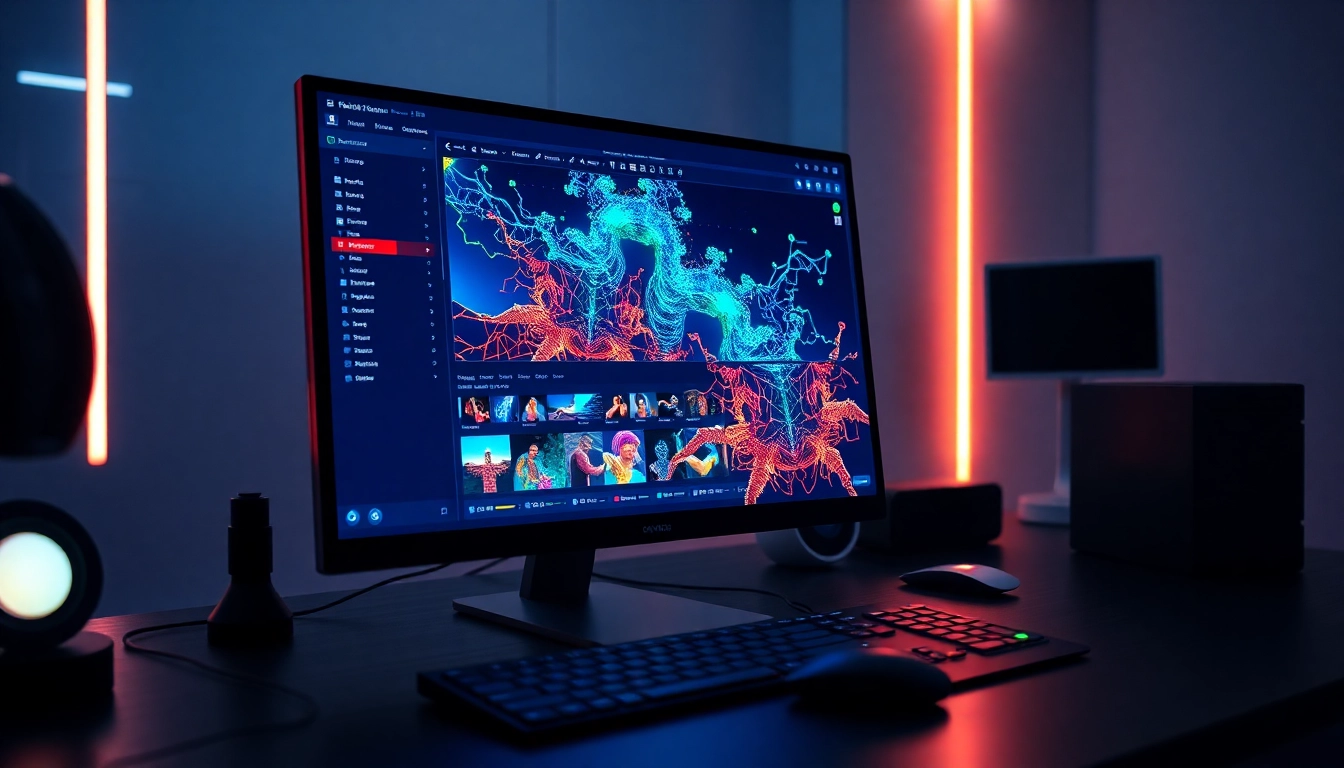 A modern digital workspace with a glowing computer screen displaying AI image editing interface with vibrant colors.