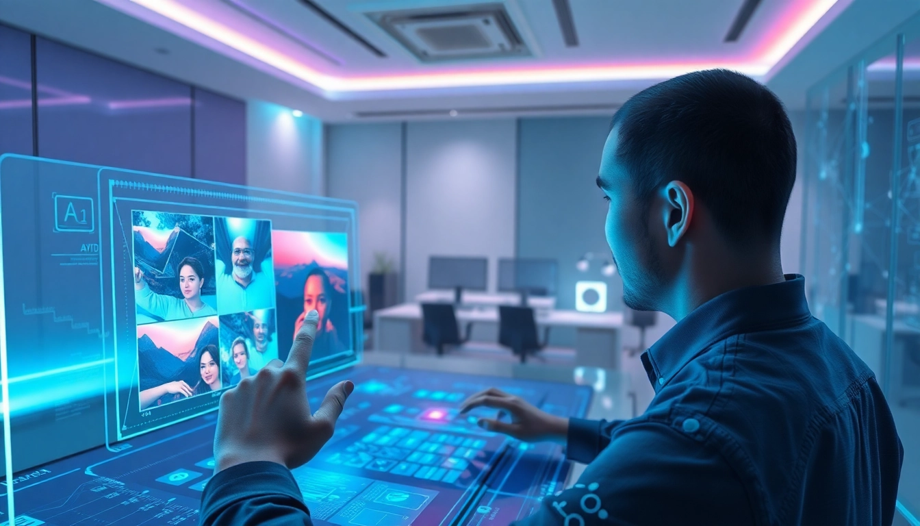 Futuristic workspace with holographic image editing interface and user interacting with digital tools.