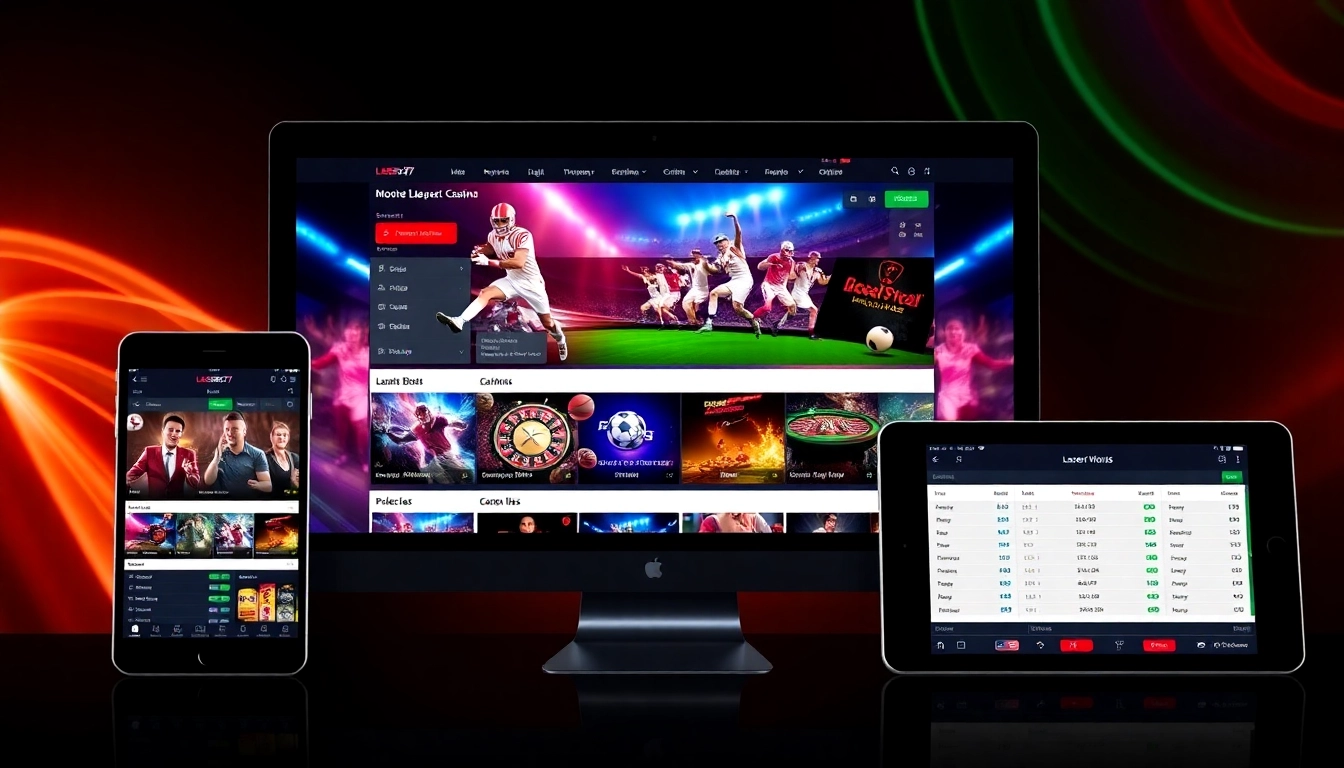Laser247 branding displayed on a smartphone and laptop, highlighting secure online betting and gaming features, appealing to sports and casino enthusiasts in India.